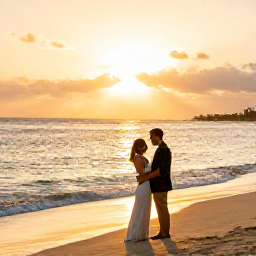 Caribbean Holidays, February Weddings, Newlywed couple enjoying a romantic Jamaican sunset on a beach, with gentle waves and warm golden light