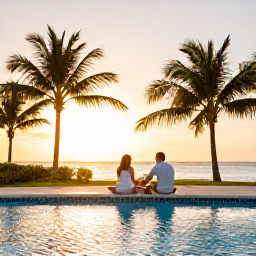 Caribbean Holidays, February Weddings, Newlywed couple relaxing beside a Cuban resort pool at sunset, palm trees, warm light and peaceful Caribbean atmosphere