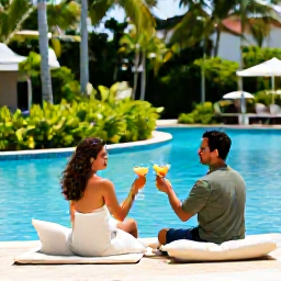 Caribbean Holidays, February Weddings, Newlywed couple relaxing in a Caribbean resort with cocktails, lush gardens and a bright blue swimming pool