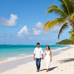 Caribbean Holidays, February Weddings, Newlywed couple walking hand in hand along a sunny Caribbean beach in February, turquoise sea and palm trees