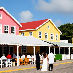 Caribbean Holidays, February Weddings, Newlywed couple walking through a colourful Saint Martin seaside village after their ceremony, with caf&eacute;s, bright buildings and Caribbean sunlight