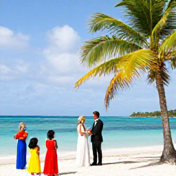 Caribbean Holidays, February Weddings, Newlyweds exchanging vows beside a bright Caribbean beach in Trinidad and Tobago during February, with palms, calm turquoise water and family guests