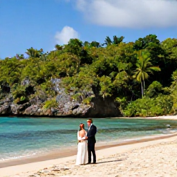 Caribbean Holidays, February Weddings, Newlyweds exploring a Puerto Rican beach and rainforest landscape with tropical greenery, clear water and bright February sunshine
