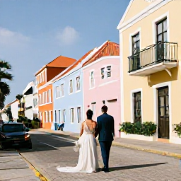 Caribbean Holidays, February Weddings, Newlyweds exploring colourful Willemstad in Cura&ccedil;ao after their February wedding, with pastel buildings and a sunny Caribbean street scene