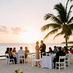 Caribbean Holidays, February Weddings, Newlyweds having a relaxed wedding reception at a seaside restaurant in Turks and Caicos at sunset