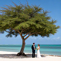Caribbean Holidays, February Weddings, Newlyweds taking wedding photographs beside Aruba&rsquo;s turquoise water and distinctive divi-divi trees, with bright clear skies