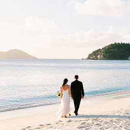 Caribbean Holidays, February Weddings, Newlyweds walking along a bright white sandy beach in St Thomas, U.S. Virgin Islands, with calm turquoise water and soft morning sunshine
