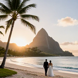 Caribbean Holidays, February Weddings, Newlyweds walking along a palm-fringed Saint Lucia beach at sunset, with the Pitons in the distance