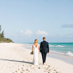Caribbean Holidays, February Weddings, Newlyweds walking along a quiet white-sand beach in The Bahamas beneath a bright February sky