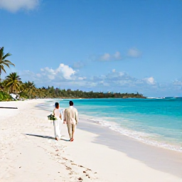 Caribbean Holidays, February Weddings, Newlyweds walking along a sunny white-sand beach in the United States Virgin Islands in February, with turquoise water and gentle palm trees