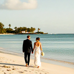 Caribbean Holidays, February Weddings, Newlyweds walking beside a calm Caribbean beach in Martinique during warm February sunshine