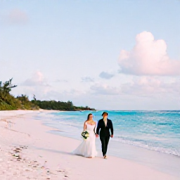 Caribbean Holidays, February Weddings, Newlyweds walking beside a quiet pink-sand beach in Bermuda beneath soft February sunshine