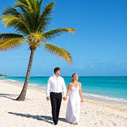 Caribbean Holidays, February Weddings, Newlyweds walking hand in hand along a sunlit Cuban beach in February, turquoise sea and palm trees behind them