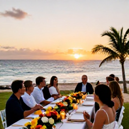 Caribbean Holidays, February Weddings, Outdoor wedding reception on a Saint Martin beach at sunset, with a long table, tropical flowers, candles and guests enjoying the sea view
