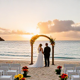 Caribbean Holidays, February Weddings, Romantic beach wedding ceremony in St Thomas at sunset, with simple white chairs, tropical flowers and the Caribbean Sea behind the couple
