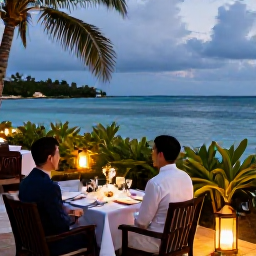 Caribbean Holidays, February Weddings, Romantic newlywed dinner for two at a beachfront restaurant in Saint Kitts, with lanterns, tropical plants and a calm evening sea
