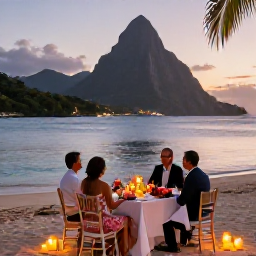 Caribbean Holidays, February Weddings, Romantic Saint Lucia beach dinner for newlyweds with candles, tropical flowers and the Caribbean Sea at dusk
