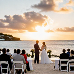 Caribbean Holidays, February Weddings, Romantic sunset over a Saint Martin beach wedding reception, newlyweds and guests seated at decorated tables beside the sea