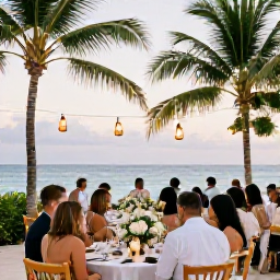 Caribbean Holidays, February Weddings, Wedding guests dining outdoors at a relaxed Caribbean reception with palm trees, lanterns and views of the sea