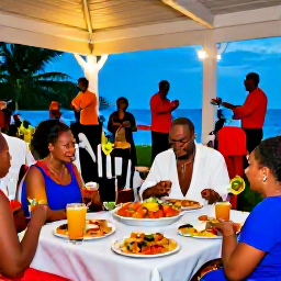 Caribbean Holidays, February Weddings, Wedding guests enjoying a colourful Trinidad and Tobago reception with local food, tropical drinks, musicians and dancing under lights at dusk
