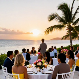 Caribbean Holidays, February Weddings, Wedding guests enjoying a sunset reception on a British Virgin Islands terrace, tropical flowers, dining tables and sea views