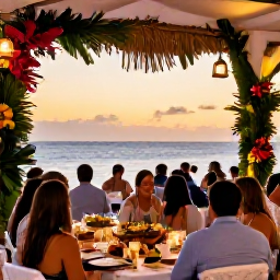 Caribbean Holidays, February Weddings, Wedding guests enjoying an outdoor reception in Puerto Rico with tropical flowers, lanterns, local dishes and a sunset view