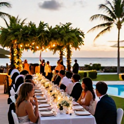 Caribbean Holidays, February Weddings, Wedding guests enjoying an outdoor reception in the Dominican Republic, long tables, tropical greenery, warm evening lights and a Caribbean sunset