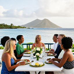 Caribbean Holidays, February Weddings, Wedding guests sharing a relaxed Caribbean dinner on a terrace overlooking the sea in the United States Virgin Islands