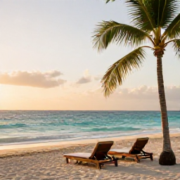Caribbean Holidays, February Wellness, A calm Dominican Republic beach at sunrise in February, soft golden light, turquoise sea, palm trees and a peaceful wellness holiday atmosphere