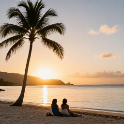 Caribbean Holidays, February Wellness, A couple relaxing on a quiet Caribbean beach at sunset in the United States Virgin Islands, with palm trees and calm golden water