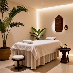 Caribbean Holidays, February Wellness, A modern Caribbean spa in the Dominican Republic with a massage treatment room, natural materials, tropical plants and soft relaxing light