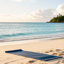 Caribbean Holidays, February Wellness, A peaceful beachfront wellness scene in St Thomas, United States Virgin Islands, with a yoga mat, calm turquoise sea and soft morning light