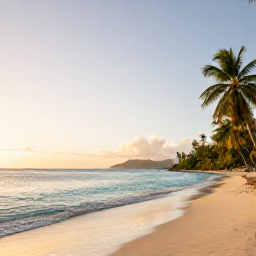 Caribbean Holidays, February Wellness, A peaceful Caribbean beach in Saint Vincent and the Grenadines at sunrise, calm turquoise water, soft golden light and a quiet palm-fringed shore