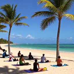 Caribbean Holidays, February Wellness, A peaceful yoga session on a Dominican Republic beach, visitors on mats beneath palm trees with the Caribbean Sea in the background