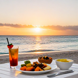 Caribbean Holidays, February Wellness, A relaxed beachfront table in Turks and Caicos at sunset, fresh local food, tropical drink and peaceful sea view
