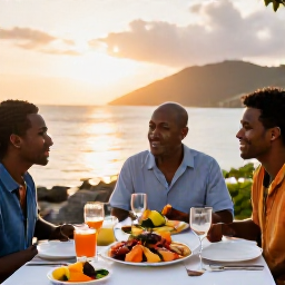 Caribbean Holidays, February Wellness, A relaxed Caribbean dinner in Saint Vincent and the Grenadines, fresh local seafood, tropical fruit and warm evening light by the sea