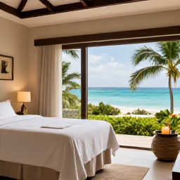 Caribbean Holidays, February Wellness, A tranquil spa treatment room overlooking the Caribbean Sea in St Thomas, with natural textures, candles and tropical greenery