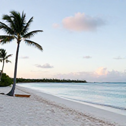 Caribbean Holidays, February Wellness, A tranquil white-sand beach in Turks and Caicos at sunrise, calm turquoise water, a few palm trees and a quiet wellness holiday atmosphere