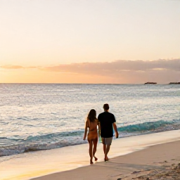 Caribbean Holidays, February Wellness, Aruba beach with a couple walking barefoot near the water at sunset, relaxed mood, warm evening light and calm waves