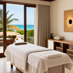 Caribbean Holidays, February Wellness, Calm spa treatment room in Cura&ccedil;ao with natural materials, soft daylight, tropical greenery and a view towards the Caribbean Sea