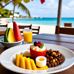 Caribbean Holidays, February Wellness, Colourful fresh Caribbean meal at a relaxed seaside restaurant in Grand Case, Saint Martin, with tropical fruit and sea views