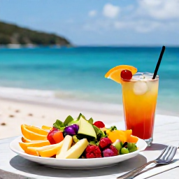 Caribbean Holidays, February Wellness, Colourful healthy Caribbean lunch beside the sea in the British Virgin Islands, fresh fruit, salad and tropical drink on a relaxed table
