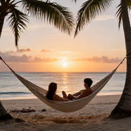 Caribbean Holidays, February Wellness, Couple relaxing in a hammock overlooking a quiet Dominican Republic beach at sunset, warm Caribbean colours and tranquil holiday scenery