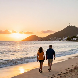 Caribbean Holidays, February Wellness, Couple walking along a peaceful Caribbean coastline at sunset on Saint Martin, with warm light and distant hills