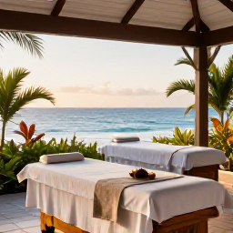 Caribbean Holidays, February Wellness, Elegant open-air spa terrace overlooking the Caribbean Sea on Nevis, with treatment beds, tropical plants and soft natural light