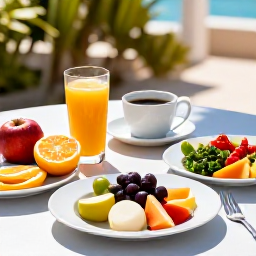 Caribbean Holidays, February Wellness, Healthy Caribbean breakfast in Cura&ccedil;ao featuring fresh fruit, colourful local produce, natural juice and a sunny outdoor table