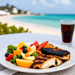 Caribbean Holidays, February Wellness, Healthy Caribbean lunch with fresh fruit, colourful salad and grilled fish at a waterside restaurant in Sint Maarten