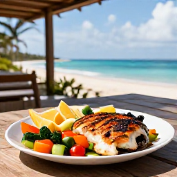 Caribbean Holidays, February Wellness, Healthy Caribbean lunch with fresh fruit, colourful vegetables and grilled local fish on a shaded terrace overlooking the sea