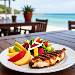 Caribbean Holidays, February Wellness, Healthy Caribbean lunch with fresh tropical fruit, colourful salad and grilled fish served at a relaxed waterside restaurant in Antigua