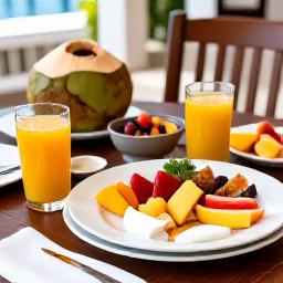 Caribbean Holidays, February Wellness, Healthy Dominican Republic breakfast with fresh tropical fruit, coconut, juice and nutritious local ingredients served in a bright open-air restaurant